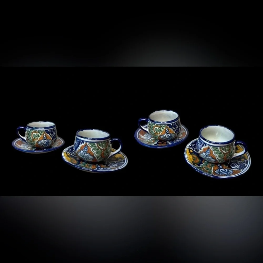Vintage 70s Mexican Talavera by Vazquez Teapot Teacup and Saucer and Sugar Set